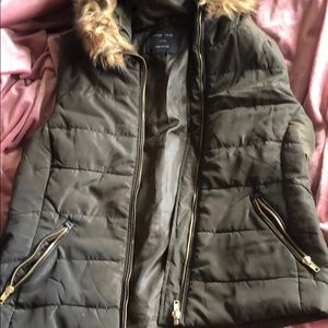 Army green vest with fur hood